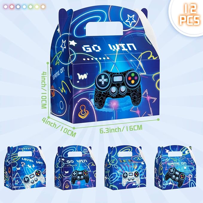 WERNNSAI Game Party Boxes - 12PCS Gaming Birthday Decorations for Kids Boys Blue Video Game Goodie Bags Treat Gifts Boxes Gamer On Level Up Birthday Party Supplies for Baby Shower Anniversary Parties
