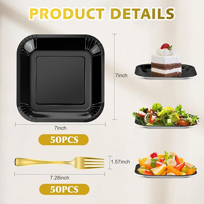 Dandat 100 Pcs 7 In Small Black Paper Plates Square Disposable Cake Plates with Plastic Dessert Forks 50 Guests Foil Tableware for Birthday Party Halloween Table Supplies