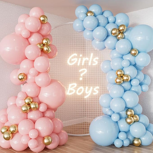 Gender Reveal Balloon Arch Garland Kit - Pink and Blue Balloon Arch Kit Pastel Pink Blue Balloons Metallic Gold Latex Balloons for Baby Gender Reveal Boy or Girl Baby Shower Party Decorations