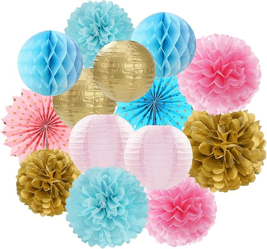 OURUOLA Pink Blue-Gold Party-Decorations Streamers Lanterns - 14pcs Gender Reveal Boy or Girl Birthday Paper Lanterns Fan,Tissue Pom Poms Streamer, Honeycomb Balls Decor