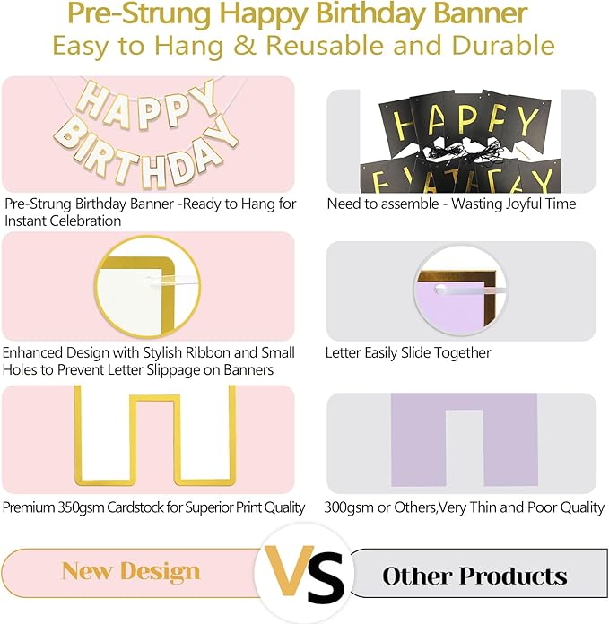 Happy Birthday Banner - 9ft Pre-Strung Happy Birthday Sign for Women, Men, Girls, Boys - No DIY Birthday Decorations & Party Supplies(White)