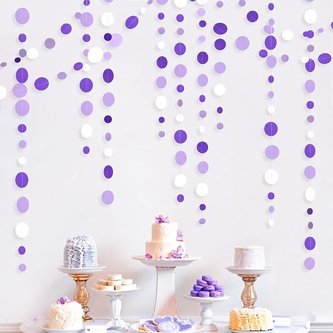 46 Ft Purple and White Circle Dots Garland Lavender Hanging Paper Polka Dot Streamer for Birthday Anniversary Engagement Wedding Baby Bridal Shower Valentine Day Lilac Theme Party Decorations Supplies