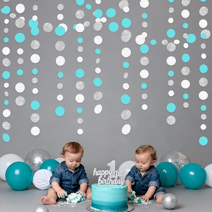 Teal Blue Silver White Party Polka Dot Garland Banner Aqua Turquoise Glitter Silver White Hanging Paper Circle Dots Streamer for Birthday Baby Shower Wedding Bridal Shower Party Decorations Supplies
