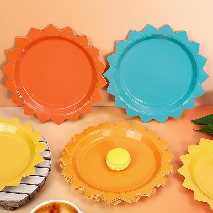 FYSUIMU 48 Pcs Here Comes The Son Party Plates Boho Sun Paper Disposable Plates 7 Inch Colored Sunshine Shape Tableware for First Trip Around the Sun Baby Shower 1st Birthday Summer Table Decor
