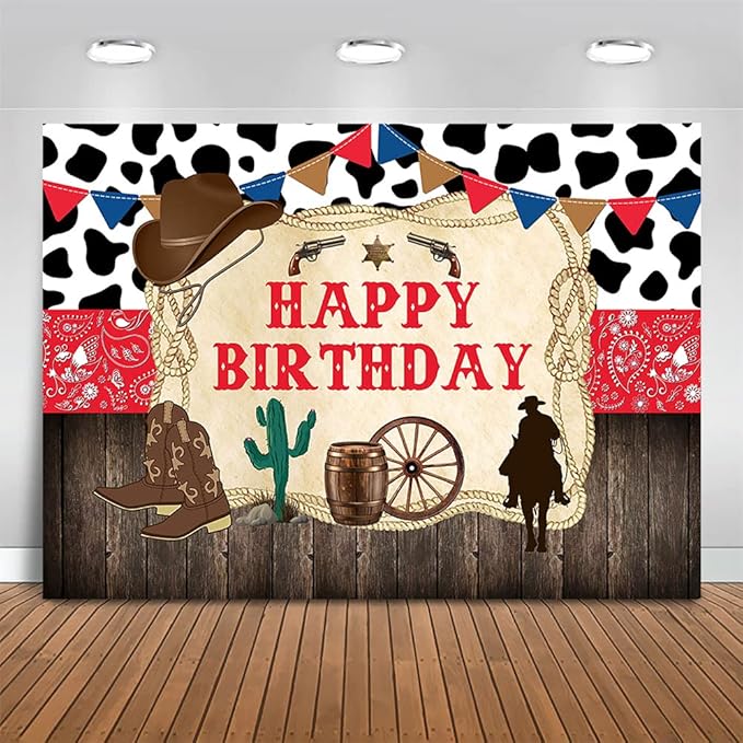 Mocsicka 7x5ft Western Cowboy Happy Birthday Backdrop Rustic Old West Rodeo Decorations Red Bandana Wood Background for Kids Party Photography Banner (7x5ft (82x60 inch))
