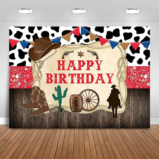 Mocsicka 7x5ft Western Cowboy Happy Birthday Backdrop Rustic Old West Rodeo Decorations Red Bandana Wood Background for Kids Party Photography Banner (7x5ft (82x60 inch))