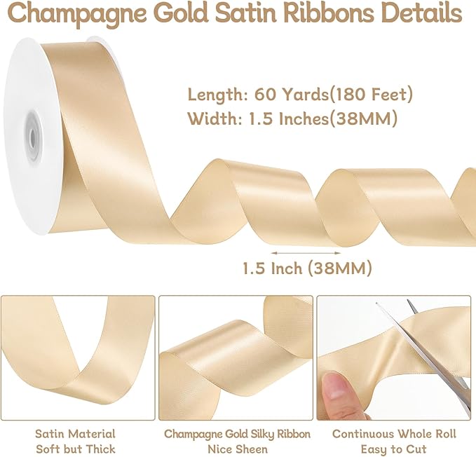 woric Champagne Gold Ribbon 1 1/2 Inch 60 Yards Wide Gift Satin Ribbons Gold Bows for Mothers Day Graduation Gift Wrapping Flower Bouquet Birthday Decorations