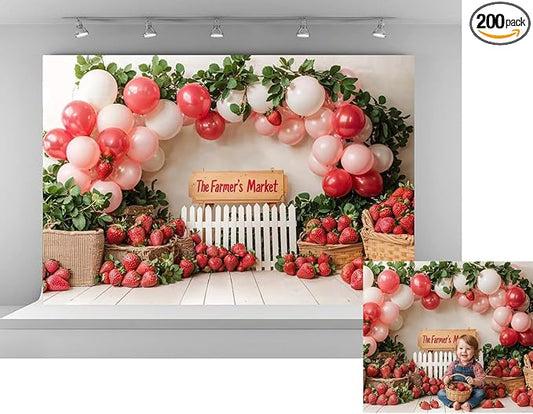 Kate 10x6.5ft Red Strawberry Backdrops for Photography Farmer's Market Background Colorful Balloons Sweet Birthday Party Studio Backdrop