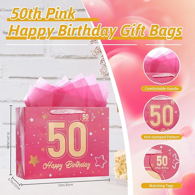 Powbrace 13" Pink 50th Birthday Gift Bag with Tissue Paper and Greeting Card for Party,Happy Birthday Gift Bag for Men Women,Gift Bags Medium size(1 Pink 50th)