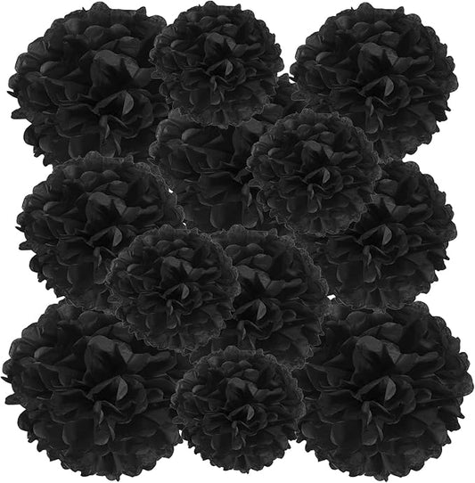 PATIKIL 8" 10" 12" Tissue Paper Pom Poms, 12PCS Pom Poms Paper Flowers Ball Tissue Paper Flowers for Wedding Bridal Shower Birthday Bachelorette Party Backdrop Decoration, Black