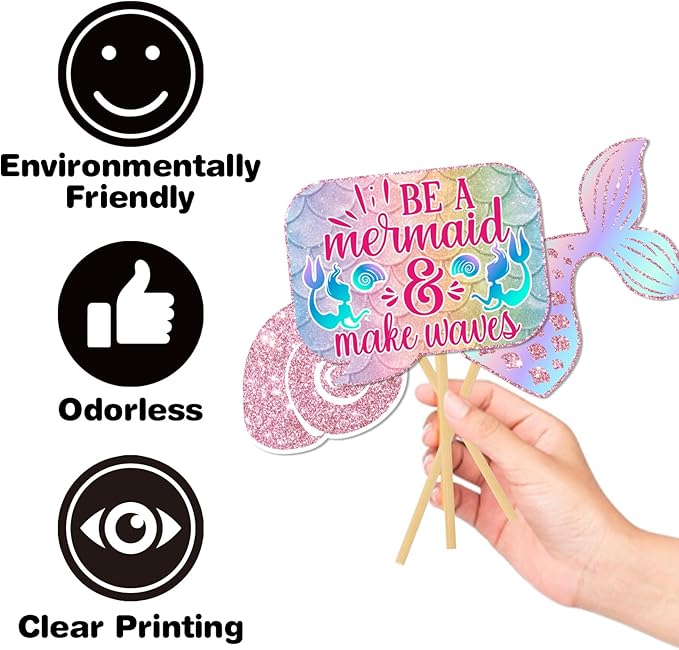 22 Pcs Mermaid Photo Booth Props, Pink Glitter Mermaid Props Kit with Ocean Theme, 5th 10th Birthday Party Favors Decorations Supplies