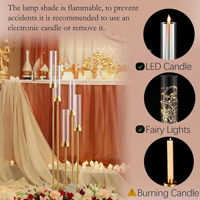 39.4'' Tall Gold Floor Candelabra，Set of 8PCS 5 Arm Candle Holder Tall Floor Candle Holder with Acrylic Lampshade for Wedding Table Birthday Party Home Decoration Fit LED Taper Candles