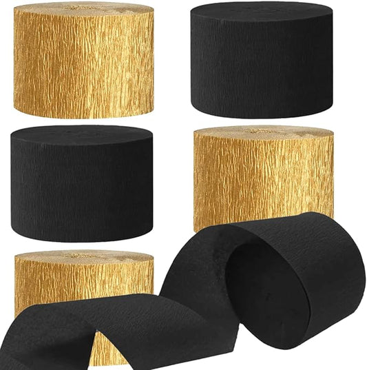 Black Gold Crepe Paper Streamers 1.8 Inch Widening 6 Rolls, 82 Feet per Roll for Birthday, Baby Shower, Wedding Black Gold Party Decorations