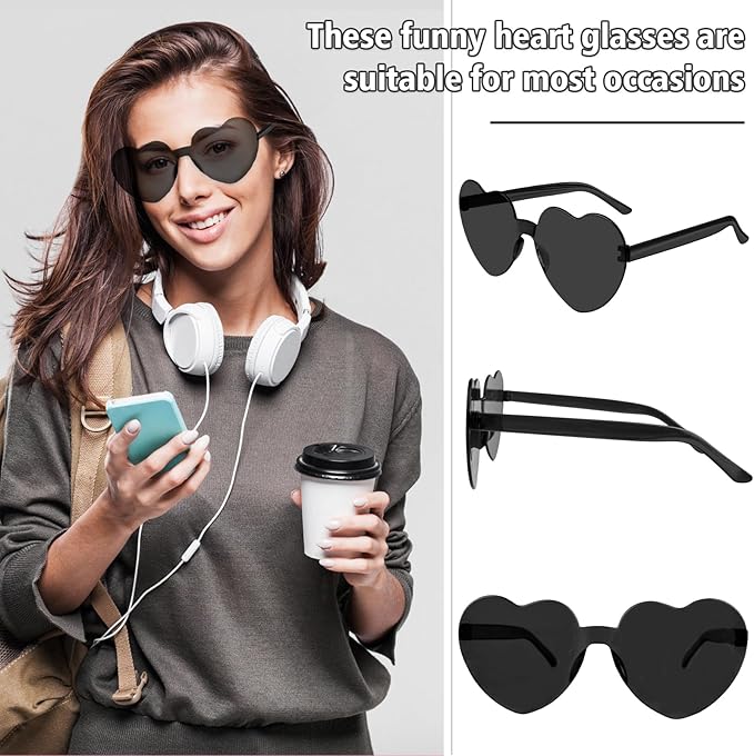 NACHLYNN 12 Pairs Black Rimless Heart Shaped Sunglasses for Women - Candy Heart Glasses for Party Favors