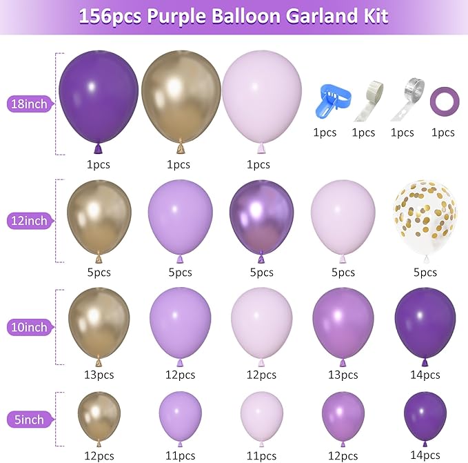 156Pcs Purple Balloon Garland Arch Kit, Butterfly Dark Purple Gold Lavender Metallic Light Pastel lilac Confetti Mother's Day Balloons, Girl Princess Butterfly Birthday Baby Shower Wedding Party