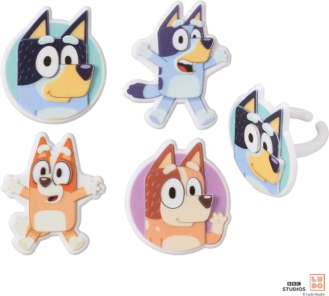 DecoPac Bluey So Much Fun Rings, 24 Cupcake Decorations Featuring Bluey, Bingo, Bandit, and Chilli, 3D Food Safe Cake Toppers – 24 Pack