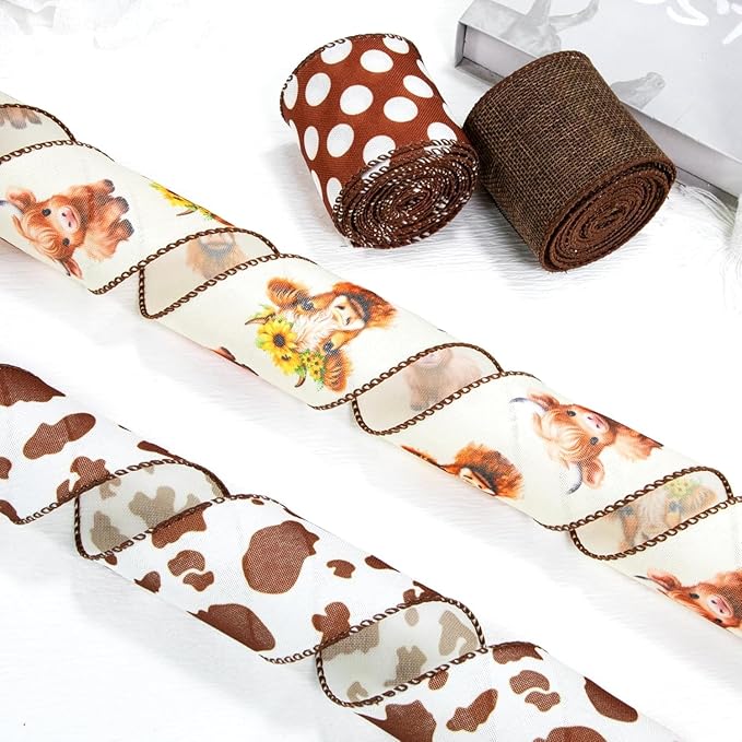 Summer Fall Highland Cow Print Ribbons Wired Edge, 4Rolls, 2.5inch X 20Yards, Brown and Dots Gift Wrapping Ribbons, Home Decor, DIY Crafts, Party Favor, Floral Arrangement Wreath Bow (Brown)