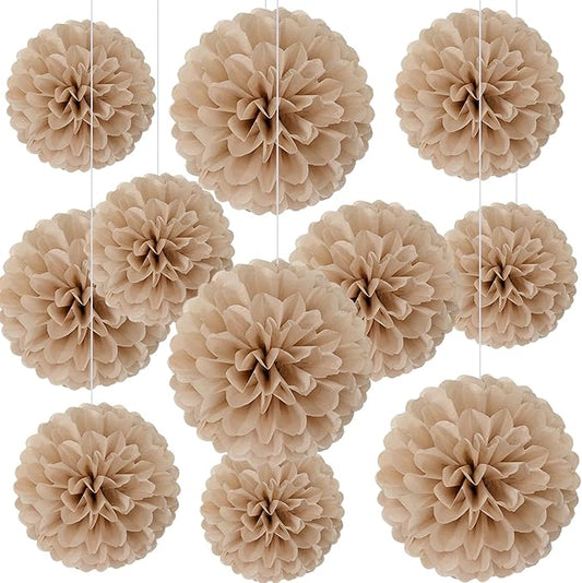 20 PCS Brown Tissue Paper Pom Poms, Tissue Pom Poms Flowers, Sizes of 6", 10", 12", 14" Hanging Paper Flower Ball for Wedding, Birthday, Halloween, Christmas, Baby Shower Party Decor