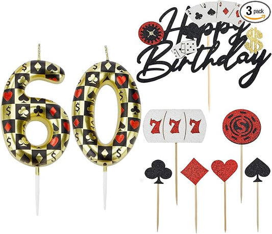 Casino Birthday Number Candles for Cake, Glitter Casino Birthday Cake Topper for Casino Themed Birthday Party Decoration, Poker Birthday Candles(Number 60)