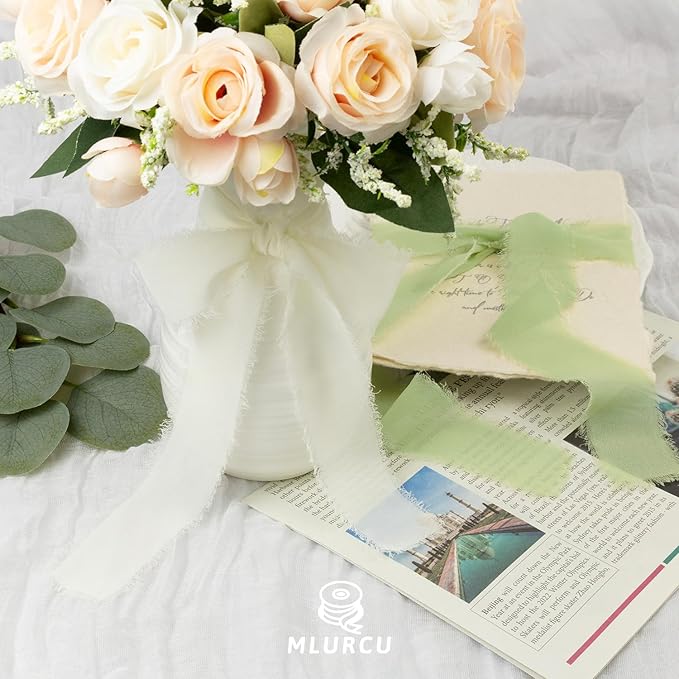 Sage Green Chiffon Ribbon 1.5 Inch x 21Yds Handmade Fringe Chiffon Silk Ribbon Sage Green/Desert Sage/Cream Frayed Chiffon Ribbon for Wedding Invitation Flower Bouquets Bridal Shower Gift Wrapping
