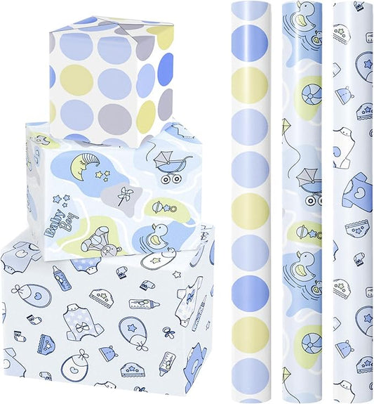 LeZakaa Blue Baby Shower Wrapping Paper Roll, Baby Bear Toy & Polka Dots for Baby Boy's 1st Birthday, Newborn Party, Mini Roll with Cut Lines, 17 x 120 inches, 3 Rolls