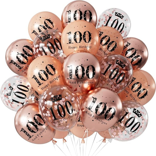 Rose Gold Birthday Balloons Decorations - 24 Pcs 100th Birthday Balloons for Women, Pearl Metallic Rose Gold Balloon, Glitter Confetti Balloon for 100 Years Old Hbd Anniversary Party Decoration