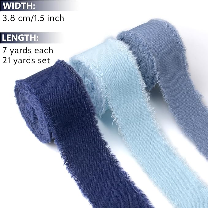 Blue Cotton Linen Ribbon 1.5" x 21Yds Boho Vintage Rustic Ribbon Handmade Fringe Frayed Cloth Fabric Ribbon for Gift Wrapping Wedding Invitations Bridal Bouquets DIY Crafts