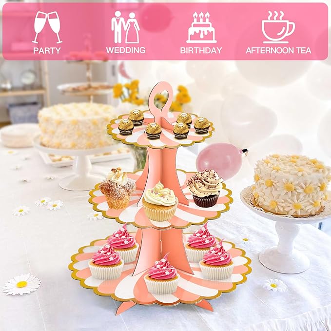 Soleebee 3-Tier Cupcake Stand, Cardboard Cupcake Tower, Dessert Cup Cake Stand Tower for Birthday Wedding Party Decoration, Cupcake Tier Stand 1 Set (Pink Gold)