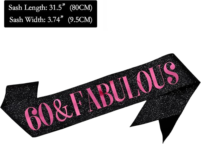 60 & Fabulous Sash, Funny 60th Birthday Sash for Women 60th Bday Party Photo Prop Favors Suppiles, Pink Foil Letter, Glitter Black