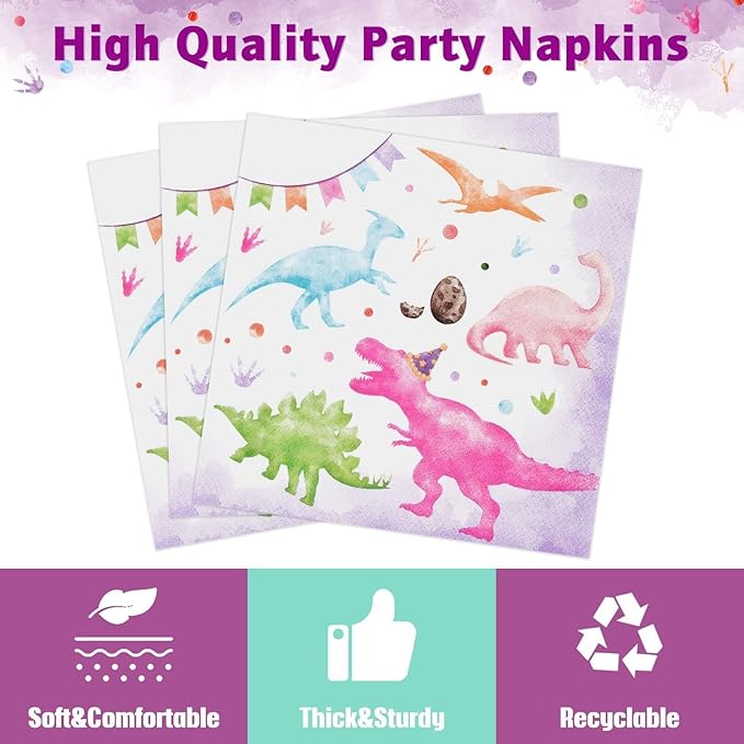 WERNNSAI Girl Dinosaur Party Decorations - 64 PCS Dinosaur Plates Napkins and Forks Pink Dino Birthday Decorations Dino Party Plates for Kids Girls Birthday Baby Shower Favors Serves 16 Guests