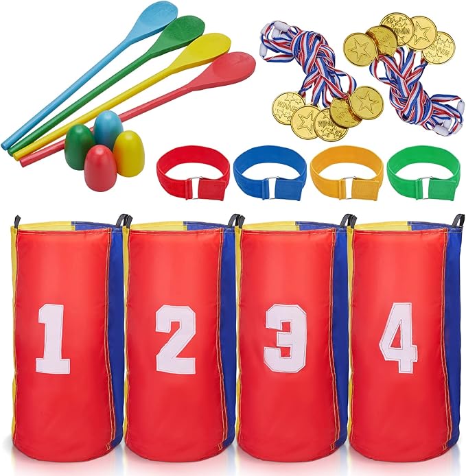 Redllo 26PCS Outdoor Games Potato Sack Race Bags for Kids and Adults, 3-Legged Race Bands, with Egg and Spoon Lawn Games for Outside Backyard Field Day Birthday Party Games Easter for Kids and Family