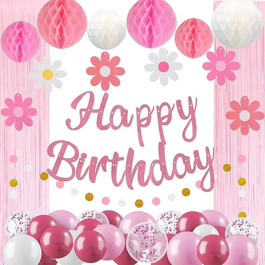 Pre-Strung Pink Birthday Decorations for Women Kits- Birthday Curtain Backdrop, Ballons, Glitter Banner with Honeycomb Balls, Stars Hanging Swirl Streamers, Circle Dots Garland