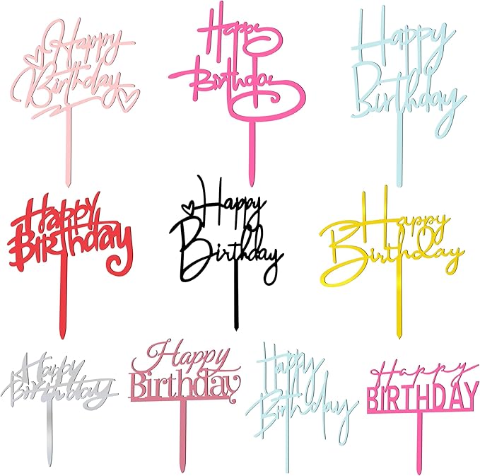 10 PCS Happy Birthday Cake Topper Set Glitter Cake Decorations in 8 Colors Black Silver Gold Rose Gold Pink Rose Red Blue Red Ideal Party Supplies for Adults Any Occasion 10 Styles