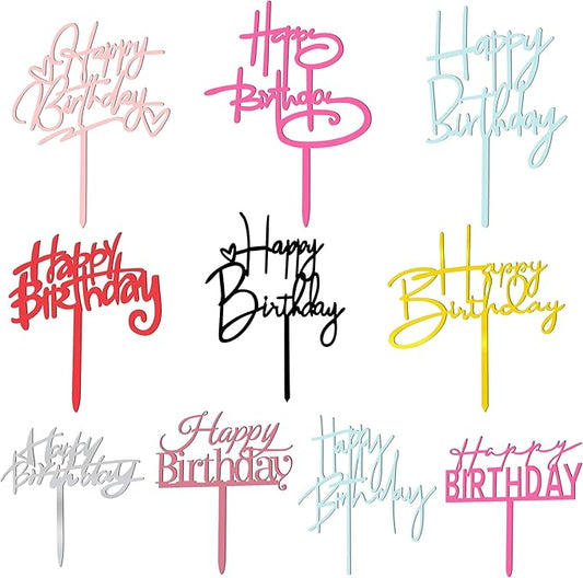 10 PCS Happy Birthday Cake Topper Set Glitter Cake Decorations in 8 Colors Black Silver Gold Rose Gold Pink Rose Red Blue Red Ideal Party Supplies for Adults Any Occasion 10 Styles