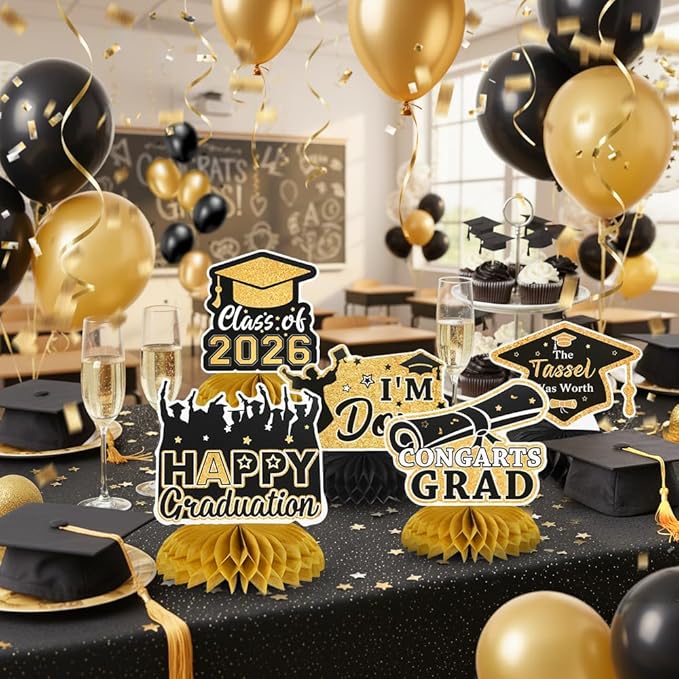 Graduation Decorations Class of 2026 Honeycomb Centerpieces, 9PCS Graduation Centerpieces for Tables, Congrats Grad Table Toppers Decor for 2026 Graduation Party Decoration Favor Supplies (Black Gold)