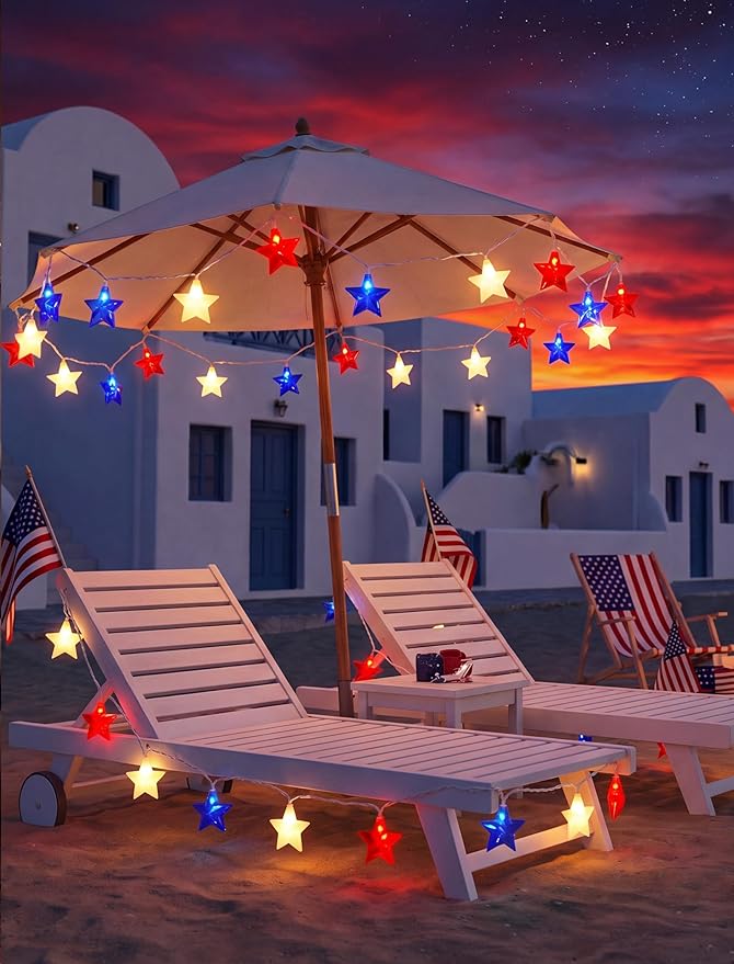 4th of July Decoration Lights, 12FT 20 LED Red White and Blue Star String Lights, Plug in Fairy Lights Waterproof Connectable for Indoor Outdoor Independence Day Decor
