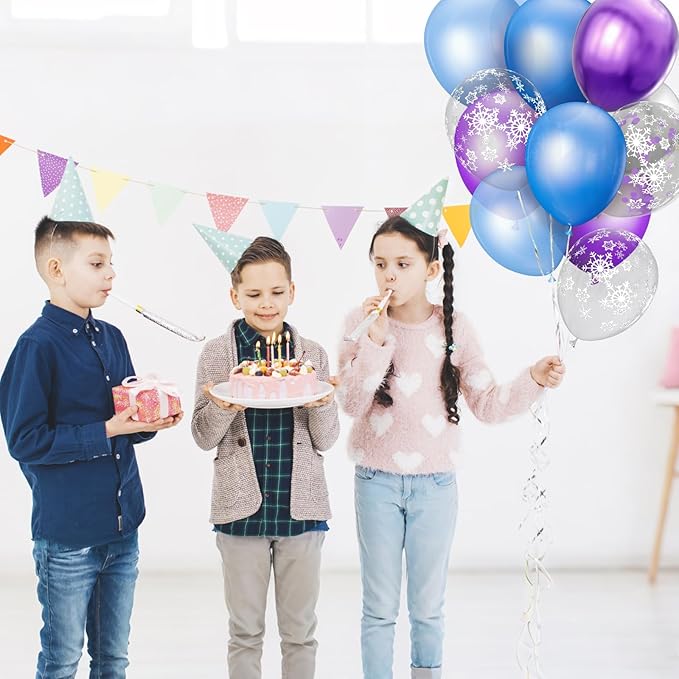 68Pcs Purple and Blue Party Balloons Kit 12 Inch Pearl Light Blue Metallic Purple Silver Snowflake Balloons with Ribbons for Winter Theme Birthday Wedding Girls Party Decorations.