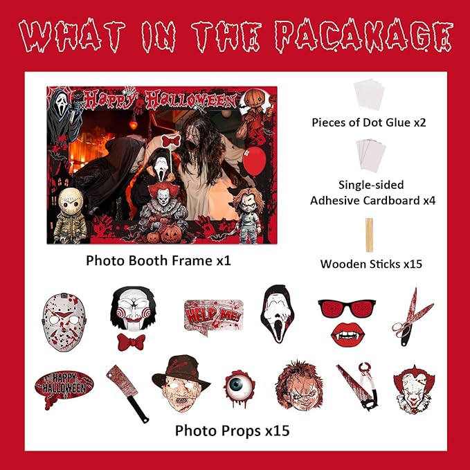 Halloween Photo Booth Props Kit – 16 Pcs Party Selfie Frame and Photo Props for Indoor Outdoor Decorations, Pumpkin Ghost Bat Designs for Halloween Events (Red)