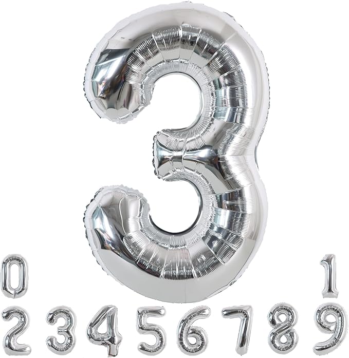 TONIFUL 40 Inch Silver Large Numbers Balloons 0-9, Number 3 Digital 3 Helium Foil Mylar Big Number Balloons for 2026 Graduation New Year Eve Birthday Party Anniversary Supplies Decorations