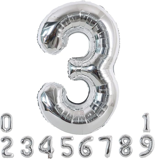 TONIFUL 40 Inch Silver Large Numbers Balloons 0-9, Number 3 Digital 3 Helium Foil Mylar Big Number Balloons for 2026 Graduation New Year Eve Birthday Party Anniversary Supplies Decorations