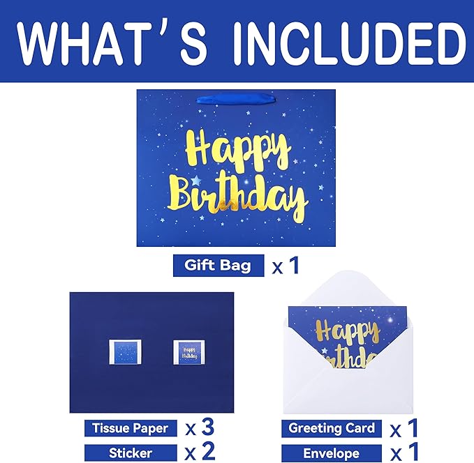 Qirrmiy 13" Large Blue Gift Bag Set with Greeting Card and Tissue Papers (Stars and Gold Foil‘Happy Birthday’) for Men's or Boys, Girls or Kids, Baby, Husband, Father