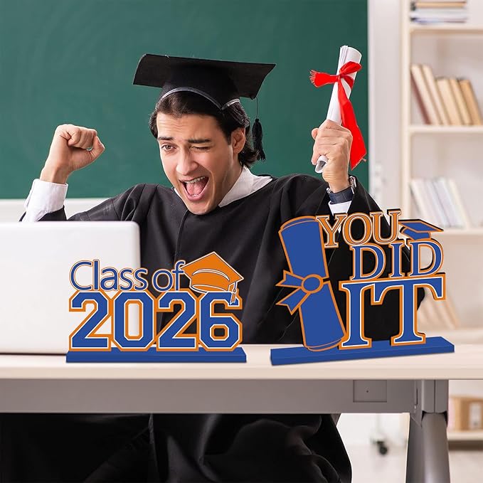 4Pcs Oranger and Blue Graduation Decorations Class of 2026 Congrats Grad Wooden Table Centerpieces Graduation Centerpieces for High School College Grad Table Decorations