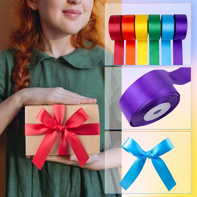 Rainbow Satin Ribbon 1 Inch Wide Colorful Ribbon Bulk Ribbon Rolls Assorted Solid Color Double Faced Satin Ribbon for Crafts Gift Wrapping Wedding Flower Bouquet Invitation Hair Bows - 60Yds