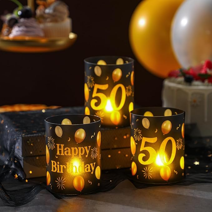 10 Sets 50th Happy Birthday Centerpieces for Table Black and Gold Birthday Decorations Lantern Boxes with Tea Lights Candles Centerpieces for Men Women 50th Party Supplies