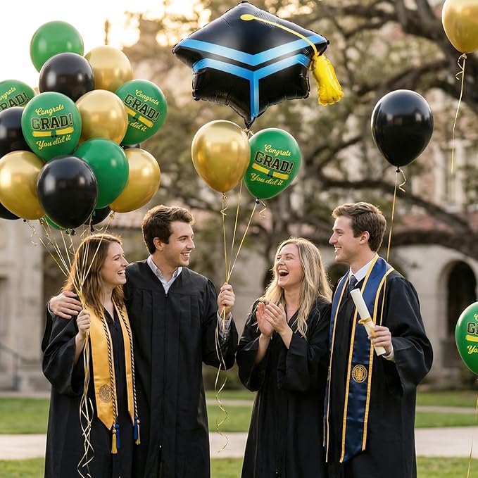 Green Black Graduation Balloons, Dark Green Gold Black Balloons with Cap Foil Grad Printed Balloon for Class of 2026 Graduation Decorations Celebration Party