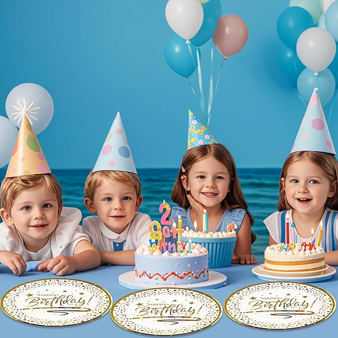72PCS Happy Birthday Plates and Napkins Party Supplies, White Gold Dot Paper Plates and Napkins with Forks Disposable Tableware Set for Birthday Party Decorations, Serves 24