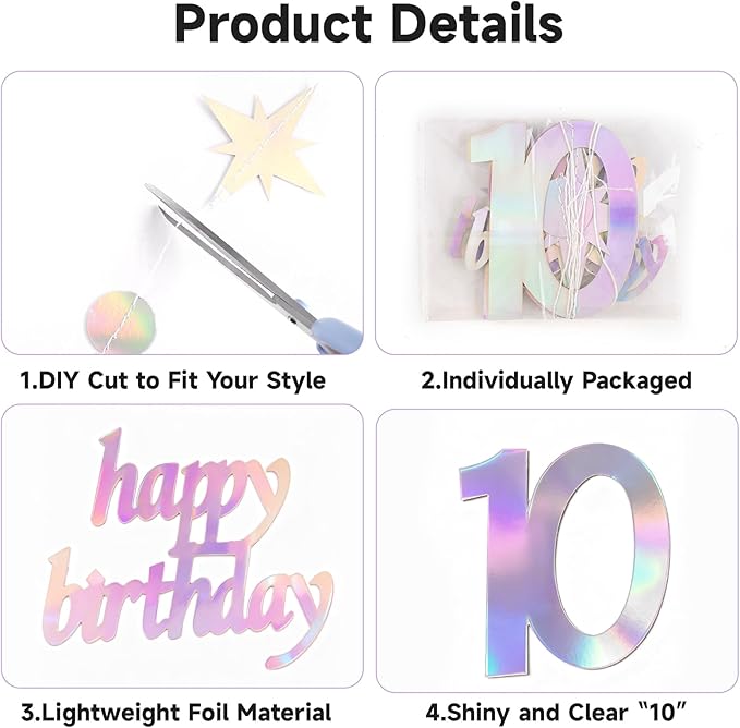 GCQQ 10th Birthday Decorations - 46FT Iridescent 10 year old Circle Dot Twinkle Star Garland 10th Birthday Metallic Holographic Streamer Banner Backdrop for Girls Boys Teen Kids Birthday Party Decor