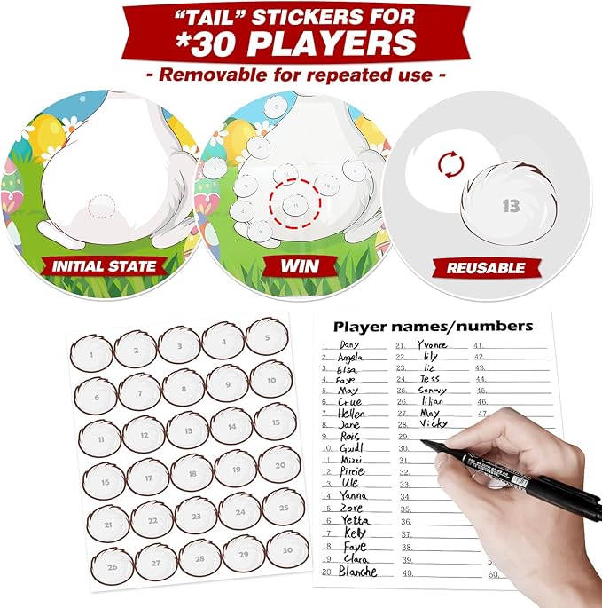 PARTYLOUD Pin The Tail on The Bunny, Easter Games, 30 PCS Easter Party Games Classroom Toddlers Preschool Party Supplies Favors for Boys Girls Adults