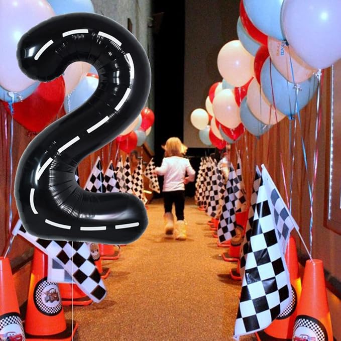TONIFUL Race Car Black Balloons Car Birthday Party Supplies,40 Inch Giant Jumbo Helium Foil Mylar Big Number 2 Digital 2 Balloons for Boy's Birthday Party Truck Race Car Theme Party Decorations