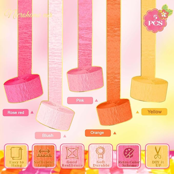 NICROHOME EUR Orange Pink Summer Party Crepe Paper Streamers, 5 Rolls Retro Hanging Garland Streamers for Sunset Party Birthday Wedding Baby Shower Fall Thanksgiving Backdrop Decor (1.8 x 82 Ft/Roll)